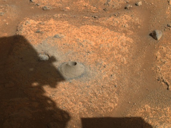 Image of hole drilled in Martian rock by Perseverance rover