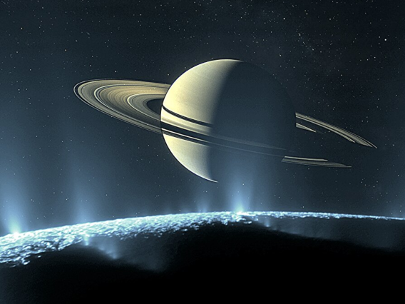 Geysers of ocean water—potentially containing clues to the origin of life—erupt through ice fractures on Saturn’s moon Enceladus in this illustration.
