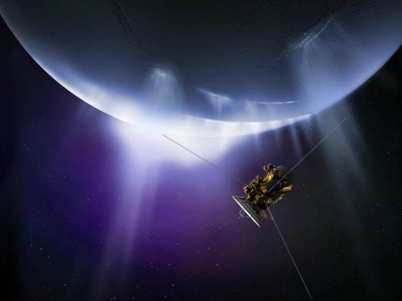 Artist's impression of the Cassini spacecraft flying through plumes erupting from the south pole of Saturn's moon Enceladus.