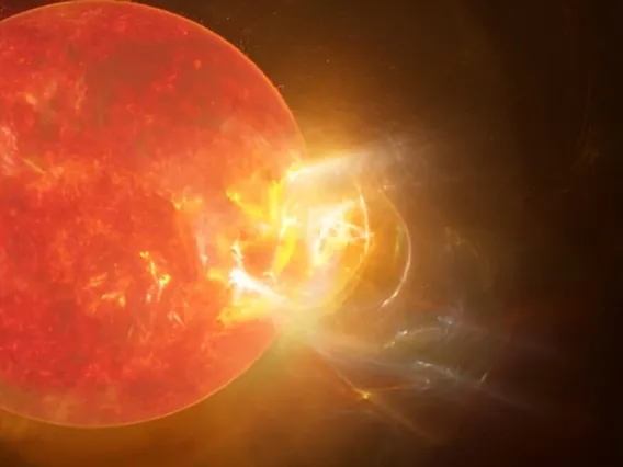 An artist’s conception of a violent flare erupting from the red dwarf star Proxima Centauri.