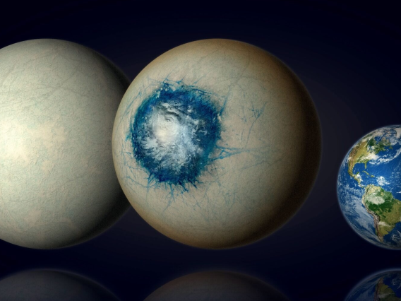 Temperate exoplanet LHS 1140 b may be a world completely covered in ice (left) similar to Jupiter’s moon Europa or be an ice world with a liquid substellar ocean and a cloudy atmosphere (center). 