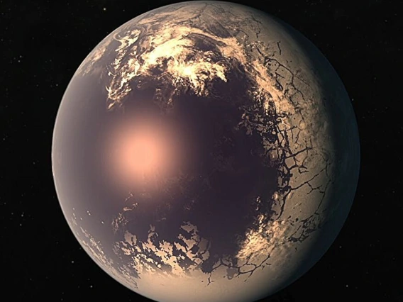 Illustration of the tidally locked world TRAPPIST-1f.