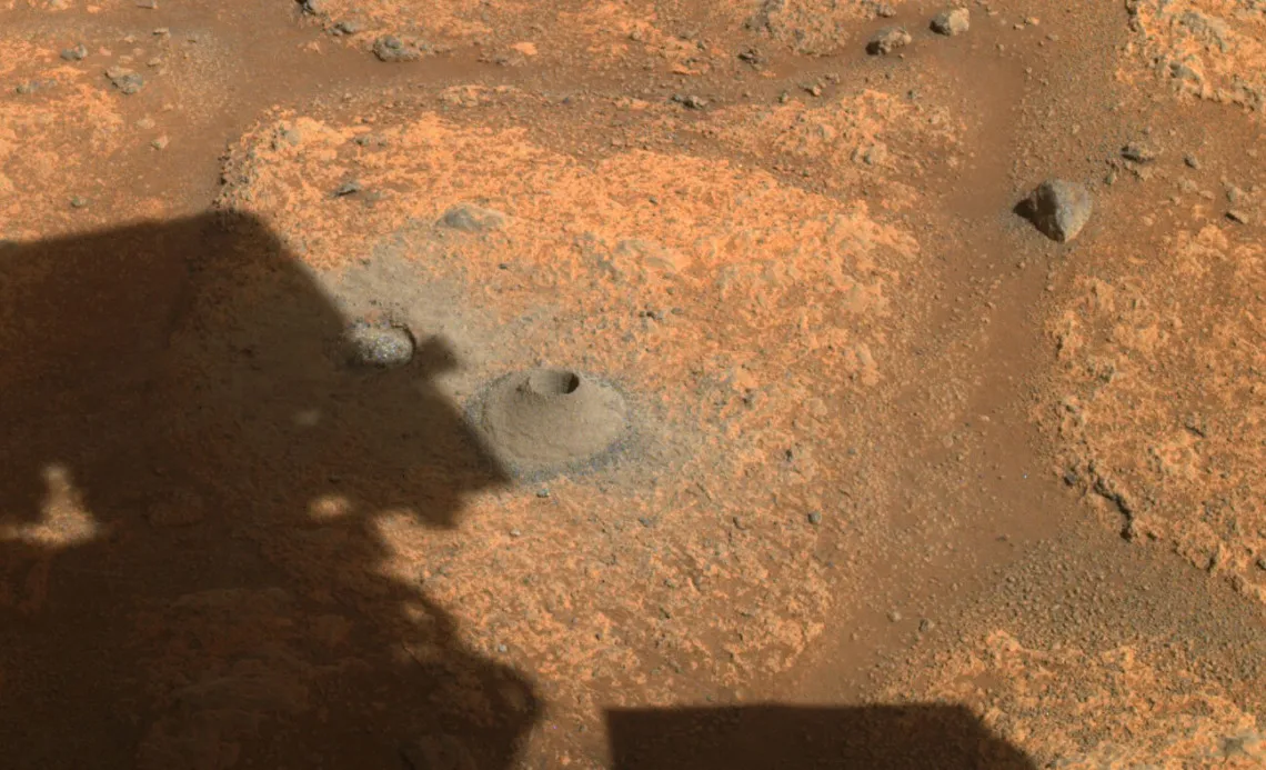 Image of hole drilled in Martian rock by Perseverance rover