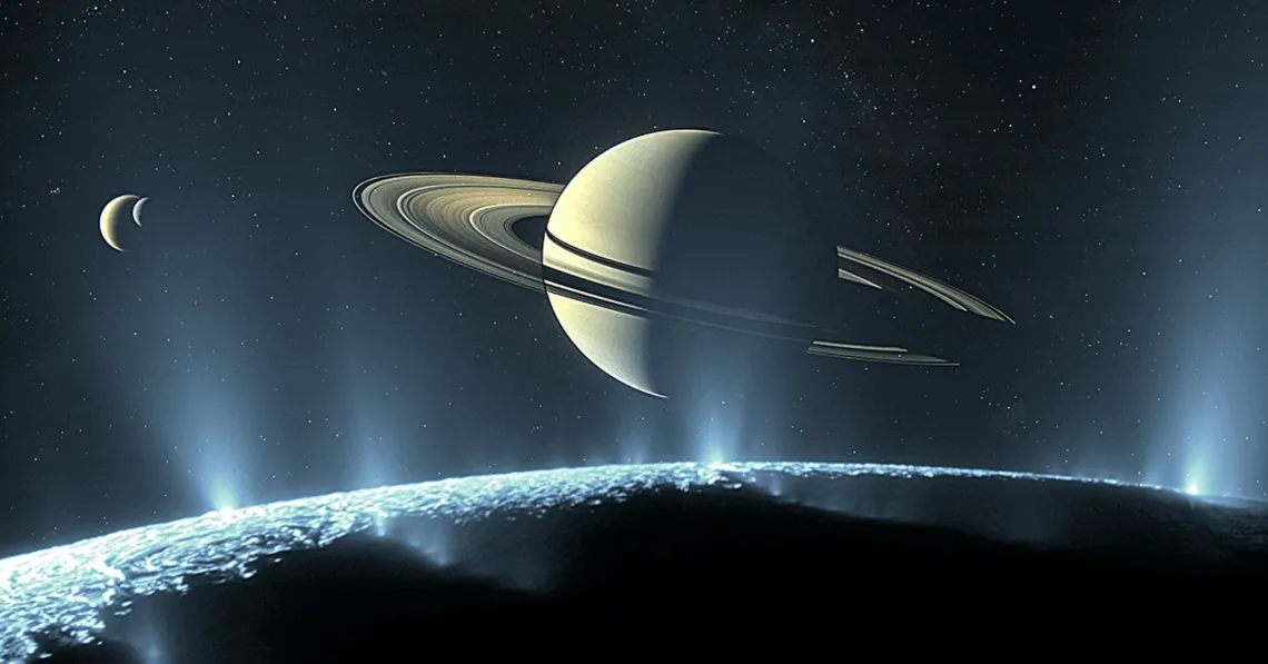 Geysers of ocean water—potentially containing clues to the origin of life—erupt through ice fractures on Saturn’s moon Enceladus in this illustration.