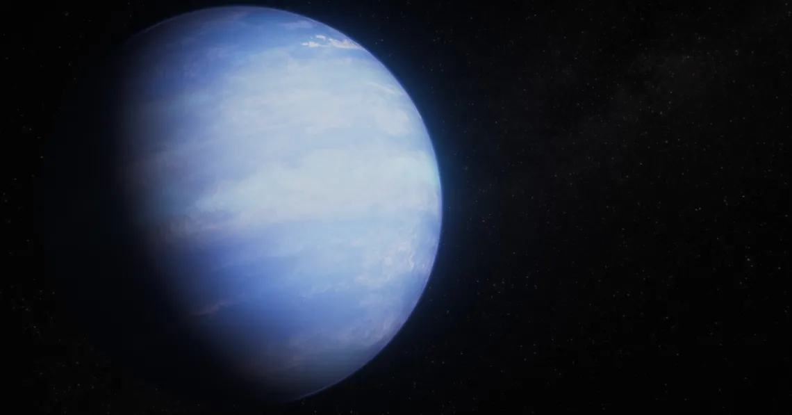 This artist’s concept shows what the exoplanet WASP-107 b could look like based on recent data gathered by NASA’s James Webb Space Telescope along with previous observations from Hubble and other space- and ground-based telescopes.