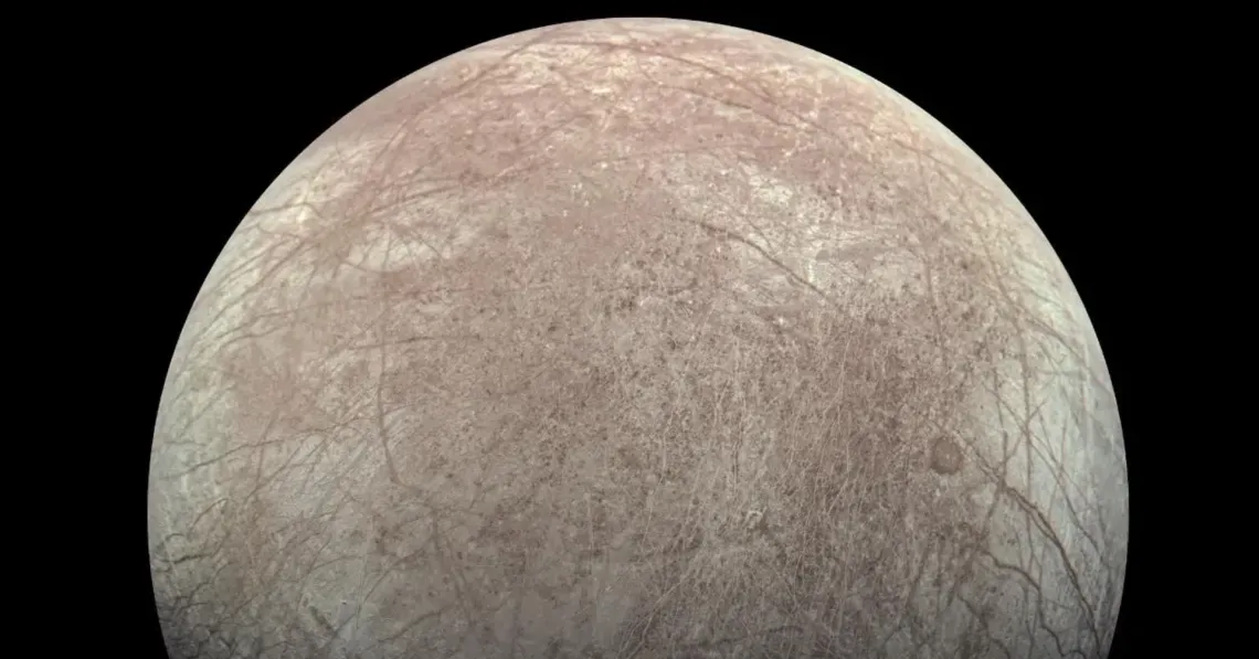 This view of Jupiter's icy moon Europa was captured by JunoCam, the public engagement camera aboard NASA's Juno spacecraft, during the mission's close flyby on Sept. 29, 2022.