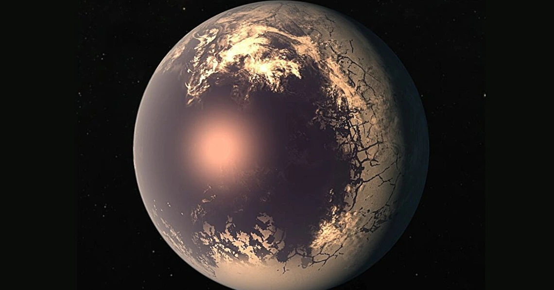 Illustration of the tidally locked world TRAPPIST-1f.