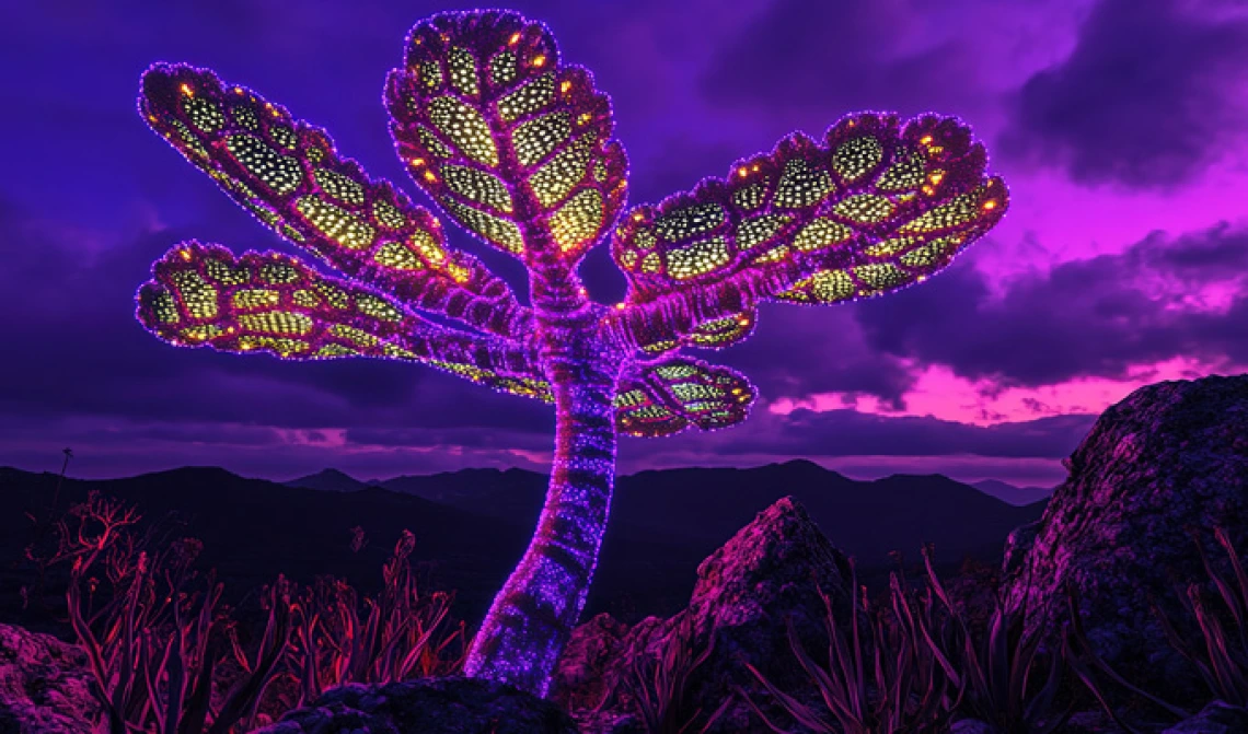 giant alien plant with bioluminescent leaves, purple sky, strange creatures, glowing terrain
