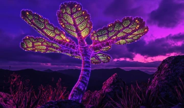 giant alien plant with bioluminescent leaves, purple sky, strange creatures, glowing terrain