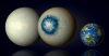 Temperate exoplanet LHS 1140 b may be a world completely covered in ice (left) similar to Jupiter’s moon Europa or be an ice world with a liquid substellar ocean and a cloudy atmosphere (center). 